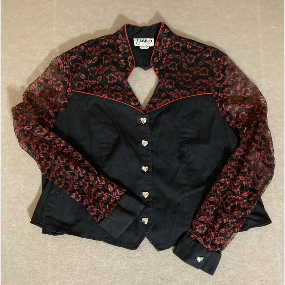 Banjo Western Shirt Womens Sz XL Black Red Lace Cutout Corset Queen Of Hearts